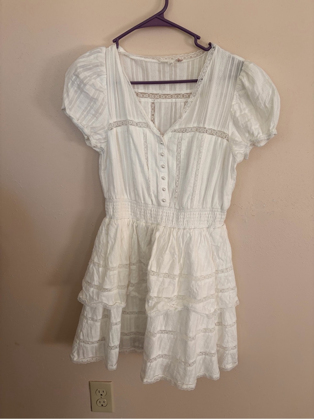 White Lace-Trim Short Puff Sleeve Mini Dress